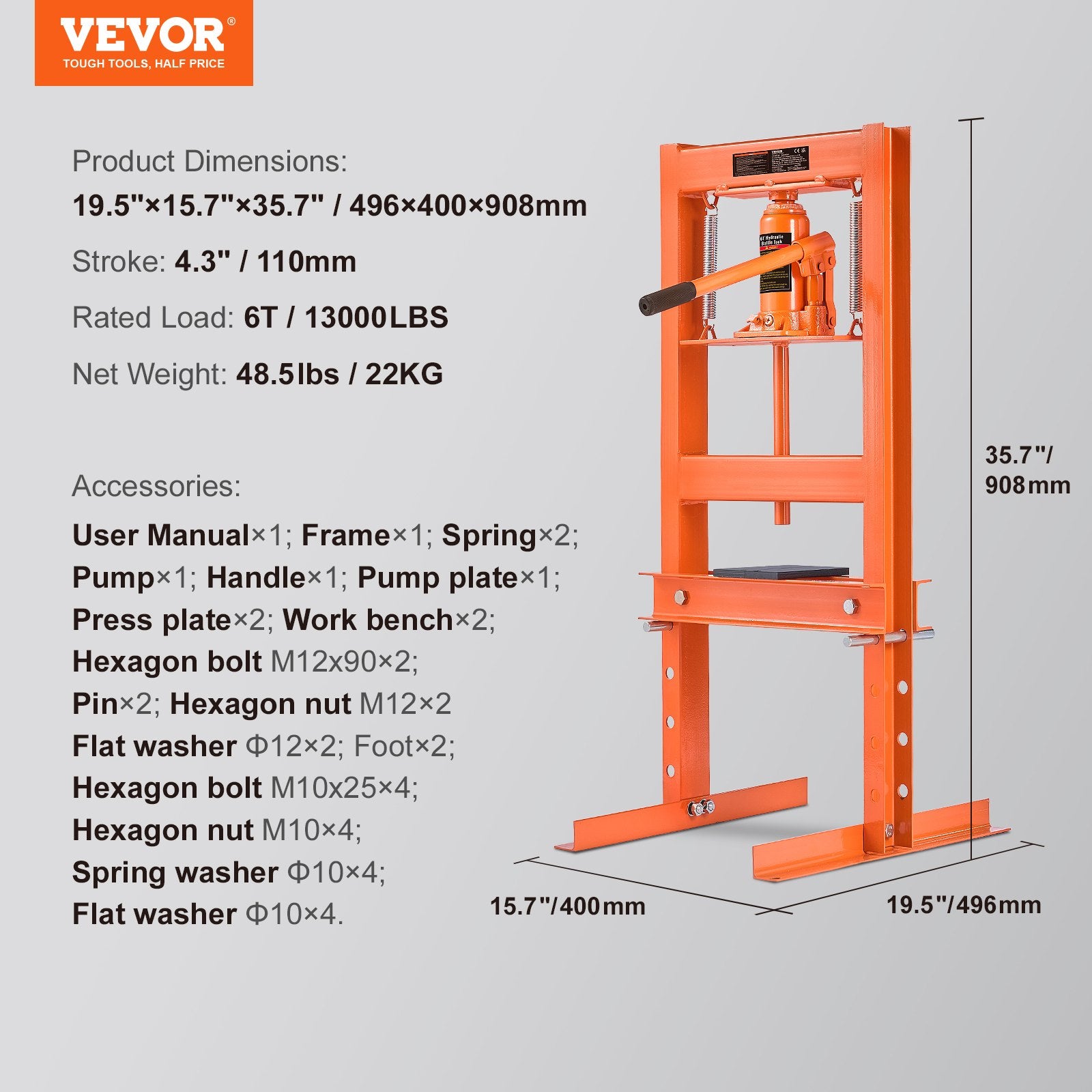 Hydraulic Shop Press, 6 Ton H-Frame Hydraulic GarageShop Floor Press, Adjustable Shop Press With Press Plates, Heavy Duty Hydraulic Press For Garage, Shop, Workshop