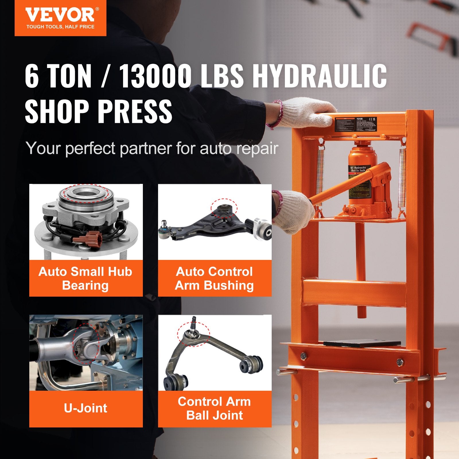 Hydraulic Shop Press, 6 Ton H-Frame Hydraulic GarageShop Floor Press, Adjustable Shop Press With Press Plates, Heavy Duty Hydraulic Press For Garage, Shop, Workshop