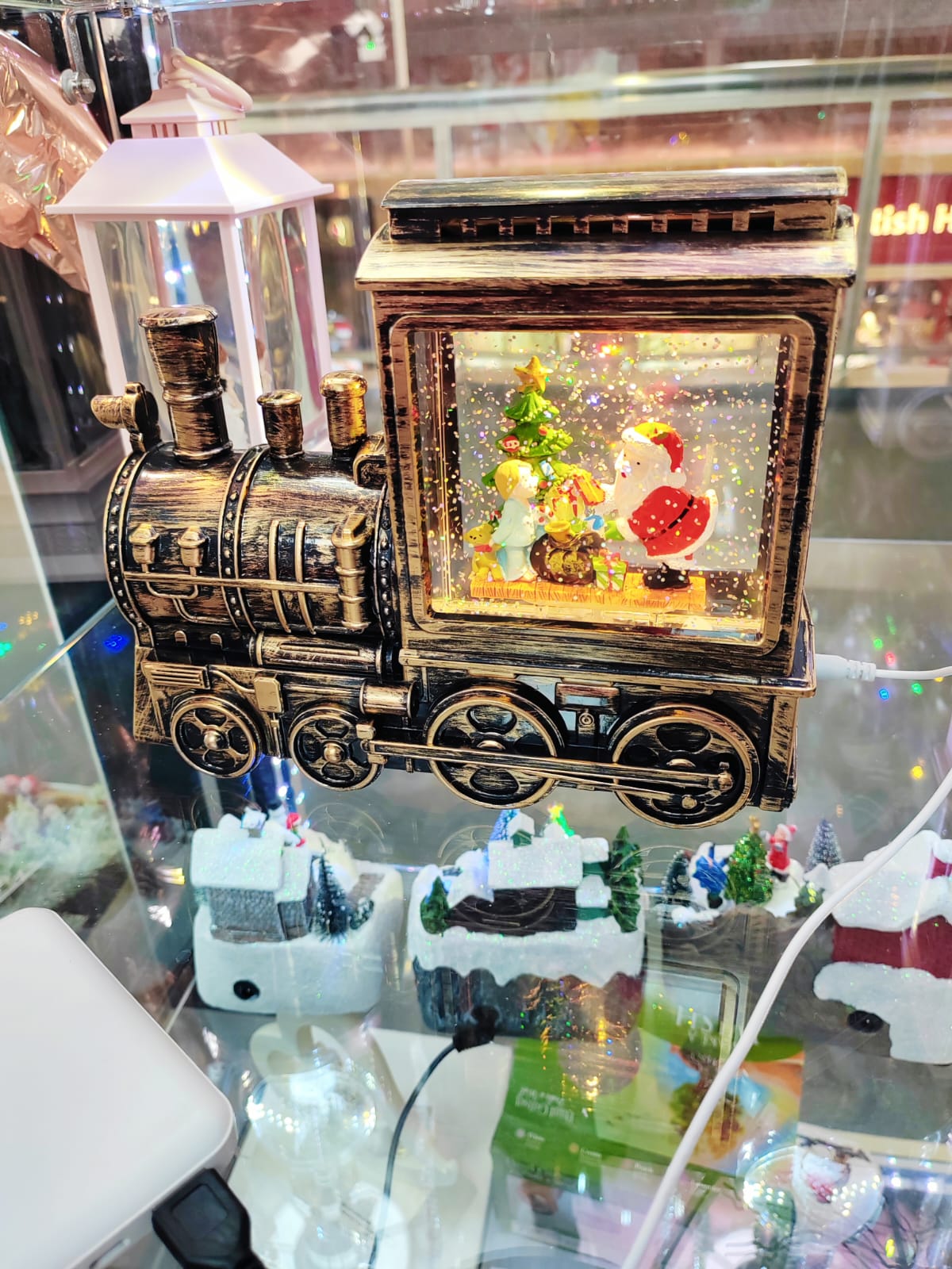 Vintage Musical Christmas Snow Globe Lantern with Snowflake Projection, Lighted Christmas Train Snow Globe with Santa