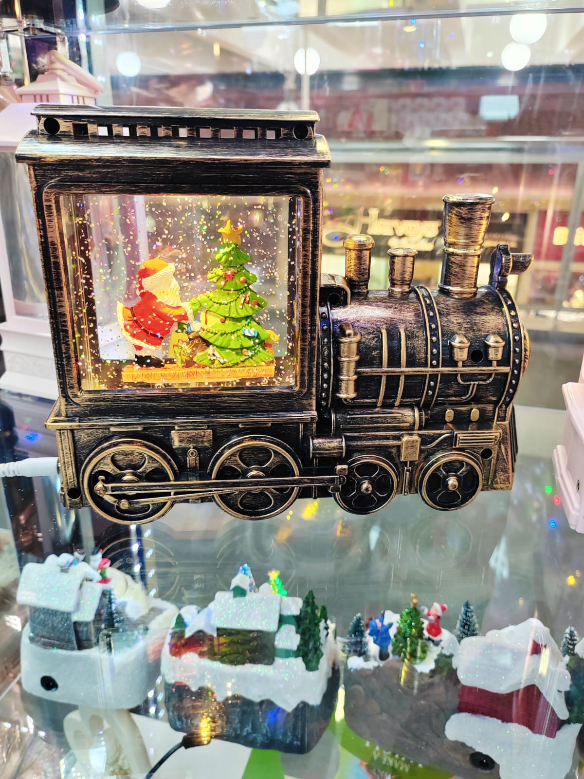 Vintage Musical Christmas Snow Globe Lantern with Snowflake Projection, Lighted Christmas Train Snow Globe with Santa