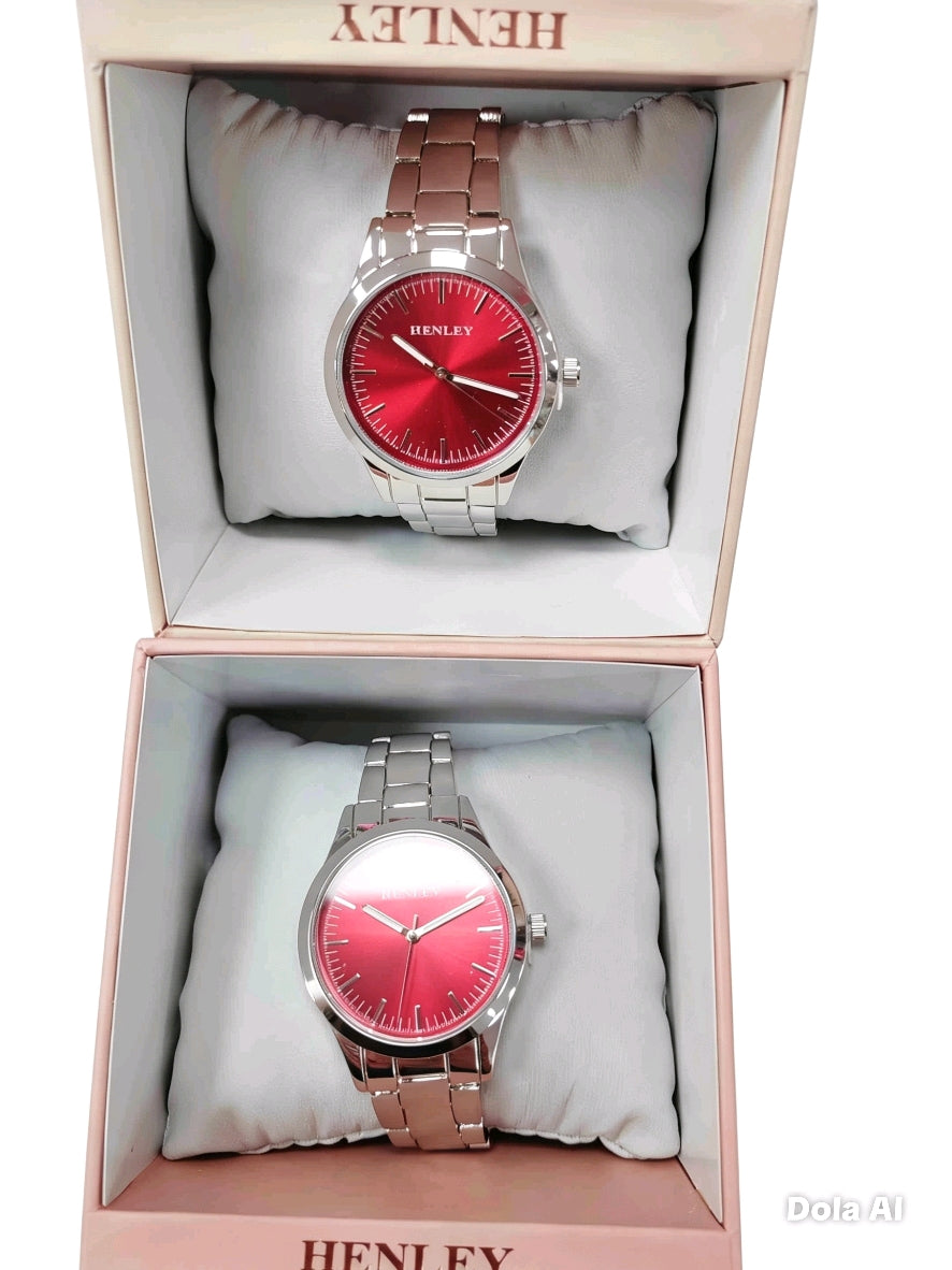 - Henley Women's Watch | Silver Tone | Red Ombre Dial | Stainless Steel Bracelet