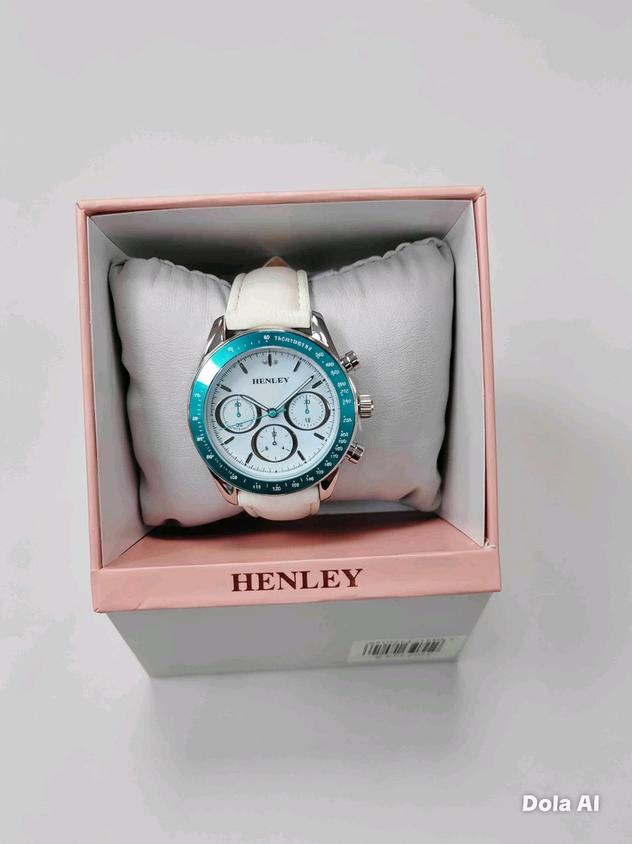 Henley Women's Watch | Blue & White Dial | White Faux Leather Strap