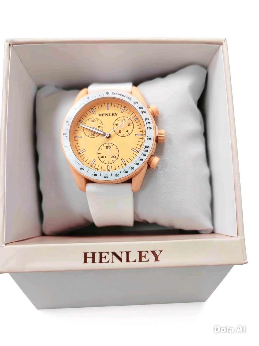 - Henley Women's Watch | Rose Gold Tone | White Faux Leather Strap | Chronograph Style