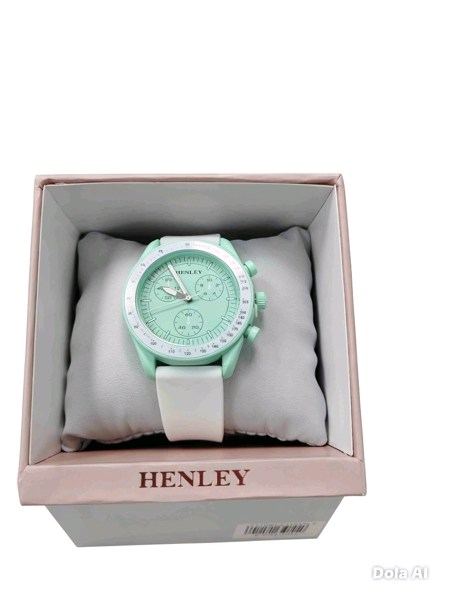 - Henley Women's Watch | Mint Green Case | White Faux Leather Strap | Chronograph Style