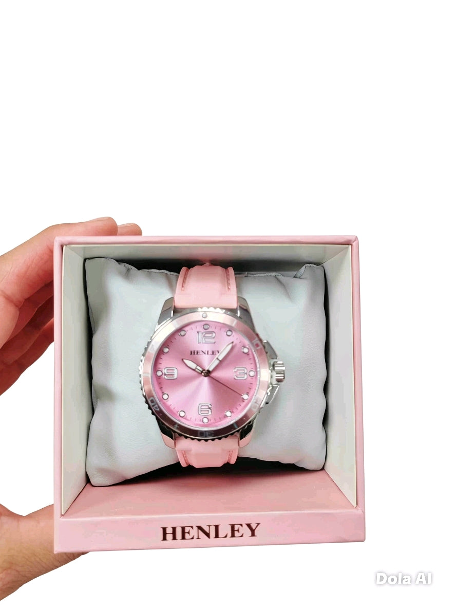 Henley Women's Watch | Silver Tone | Pink Dial | Pink Faux Leather Strap