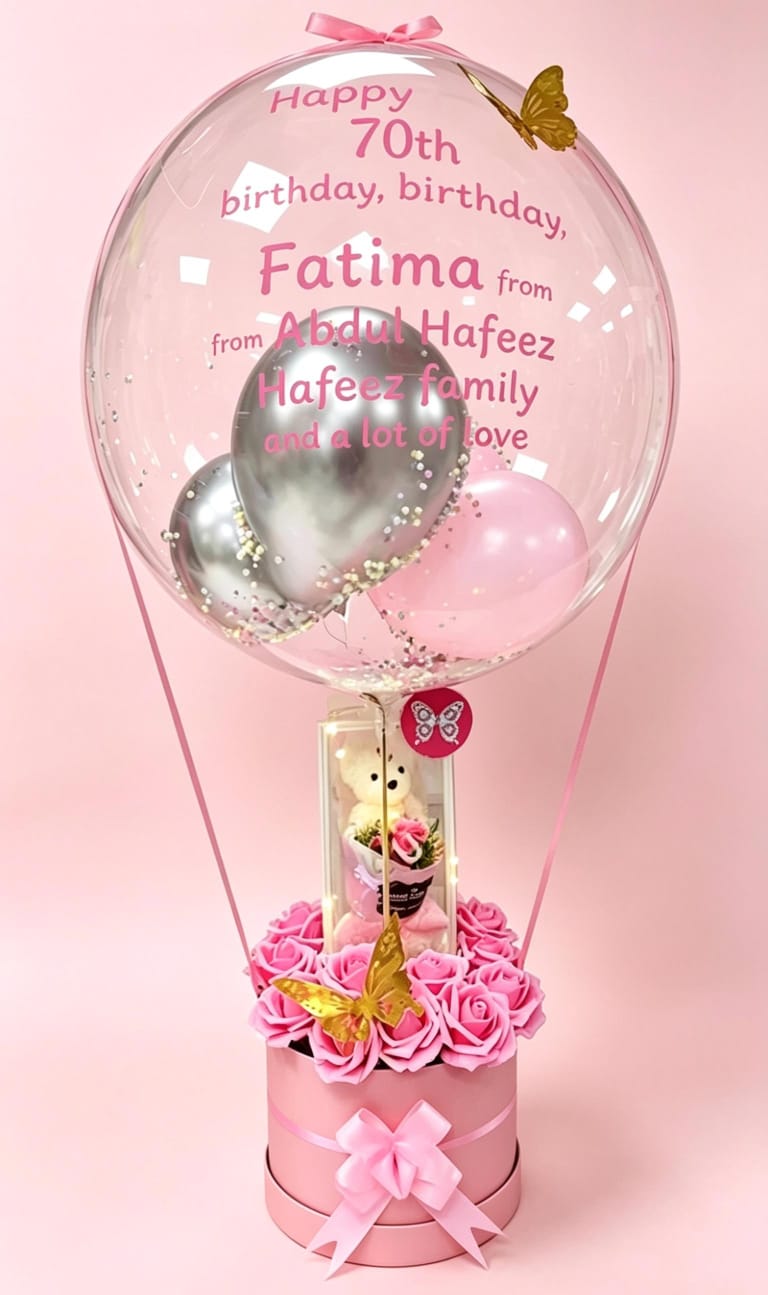 personalized birthday balloon, custom name balloon, 1st birthday gift for girl, luxury balloon gift box, light up bubble balloon, personalized baby gift, Eid gift, custom message balloon, keepsake gift, rose base balloon