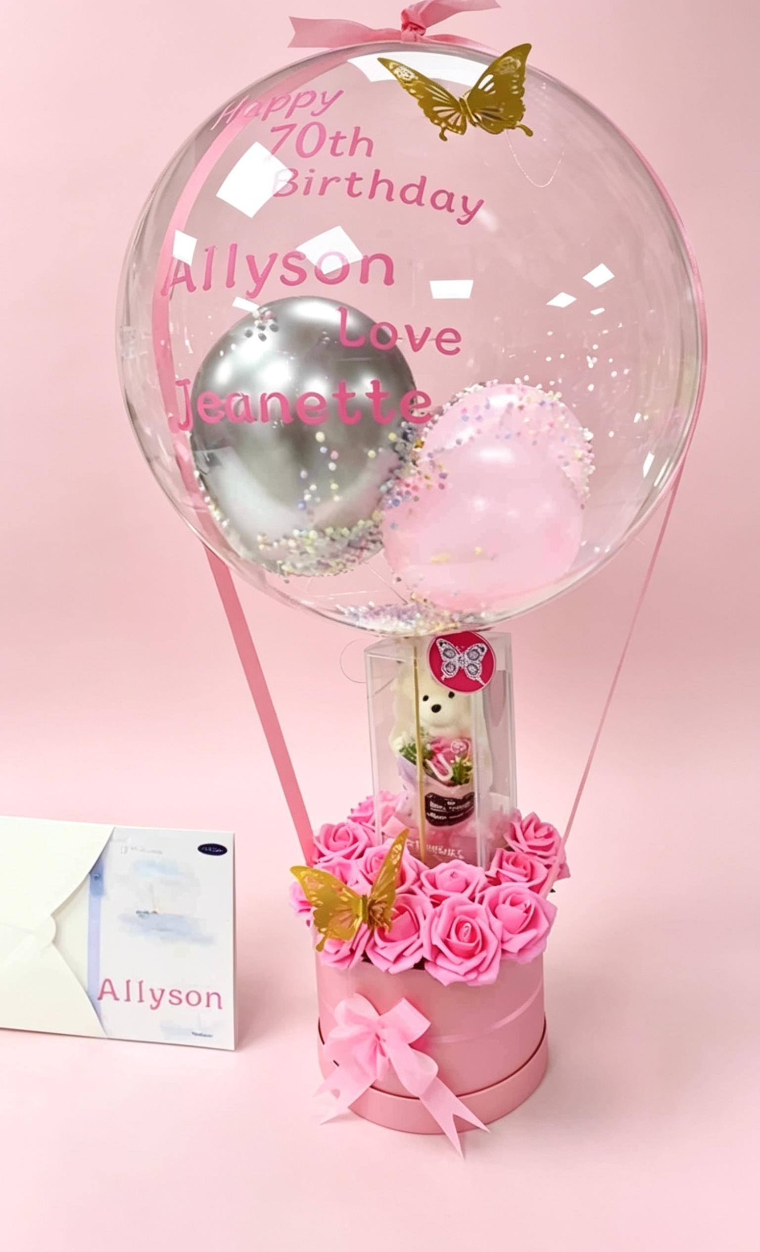 personalized birthday balloon, custom name balloon, 1st birthday gift for girl, luxury balloon gift box, light up bubble balloon, personalized baby gift, Eid gift, custom message balloon, keepsake gift, rose base balloon