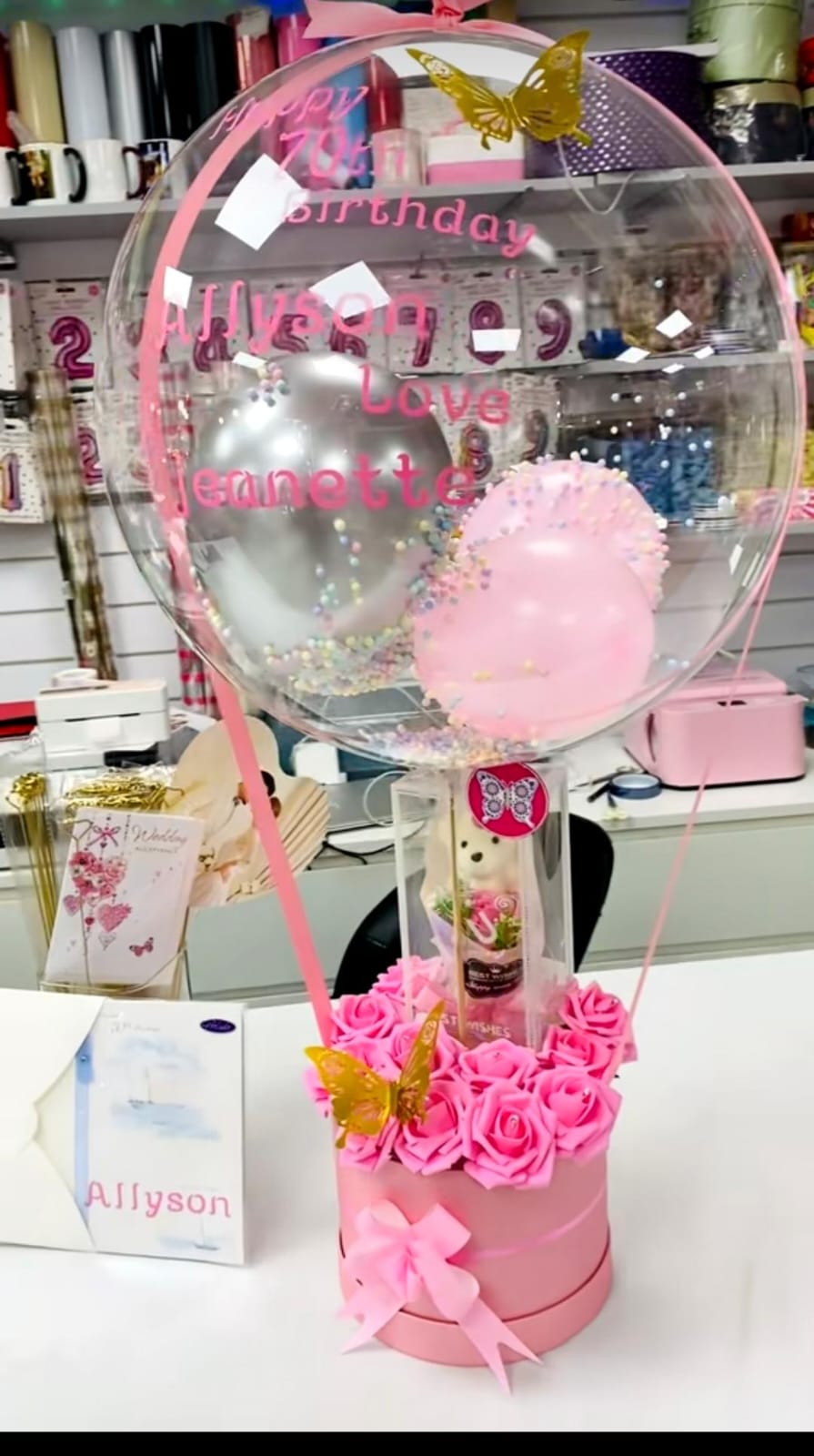 personalized birthday balloon, custom name balloon, 1st birthday gift for girl, luxury balloon gift box, light up bubble balloon, personalized baby gift, Eid gift, custom message balloon, keepsake gift, rose base balloon