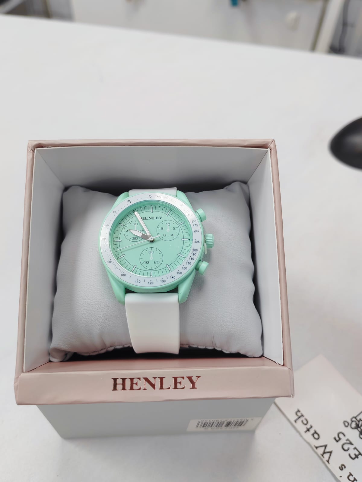 - Henley Women's Watch | Mint Green Case | White Faux Leather Strap | Chronograph Style